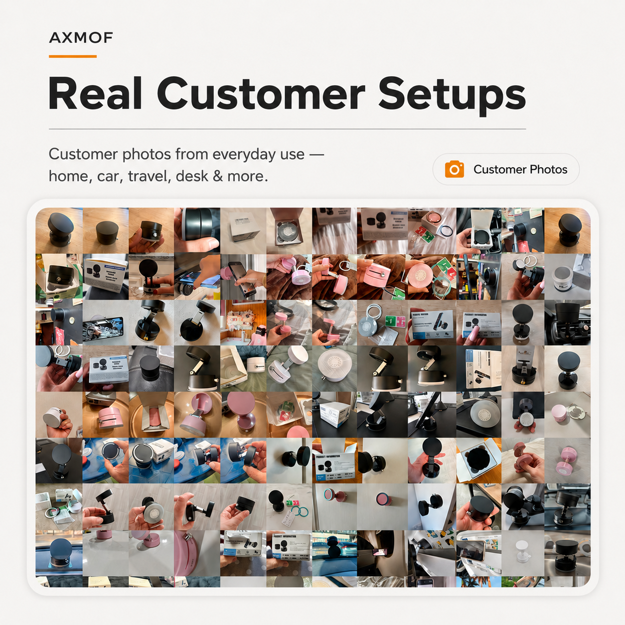 Promotional graphic for AXMOF featuring a collage of customer photos labeled 'Real Customer Setsups' and 'Customer Photos,' showing many small lifestyle images of products in home, car, travel, desk, and other settings.
